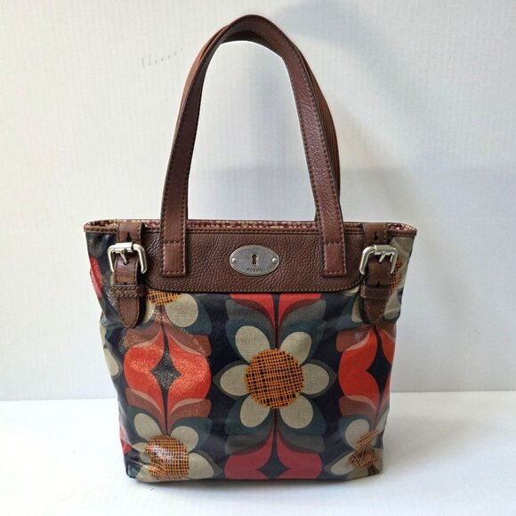 Fossil Tote Red Mod Floral Coated Canvas Keyper Bag Retro Boho Brown Leather - Picture 2 of 16